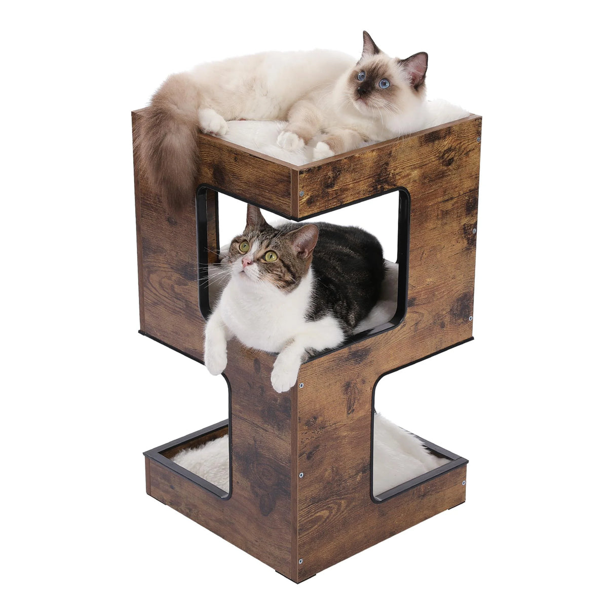 23-Inch Wooden Cat House Furniture for Indoor Cats, Contemporary Cat Tree Tower Bed with Complimentary Cat Toy, Scratching Pad, and Removable Soft Mats, Compact Cat Condo, Brown