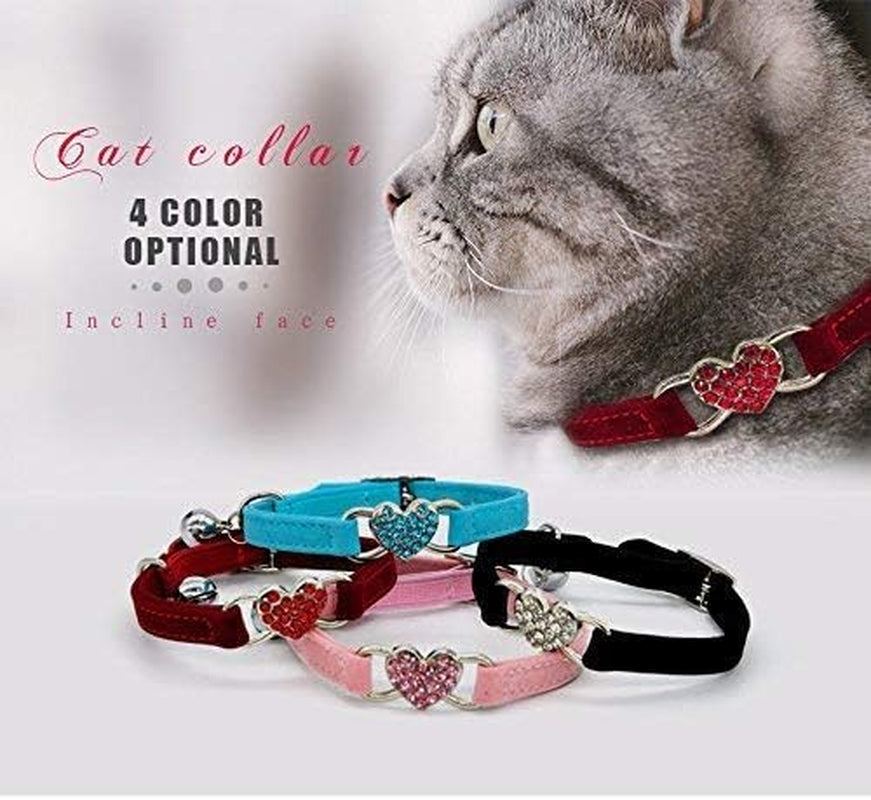 Soft Velvet Adjustable Cat Collar with Crystal Heart Charm and Bells, 8-11 Inches, Available in Black, Red, Pink, and Blue