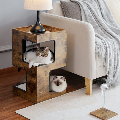 23-Inch Wooden Cat House Furniture for Indoor Cats, Contemporary Cat Tree Tower Bed with Complimentary Cat Toy, Scratching Pad, and Removable Soft Mats, Compact Cat Condo, Brown