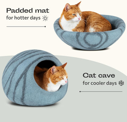 Merino Wool Cat Cave Bed for Indoor Cats - Medium Size in Aquamarine