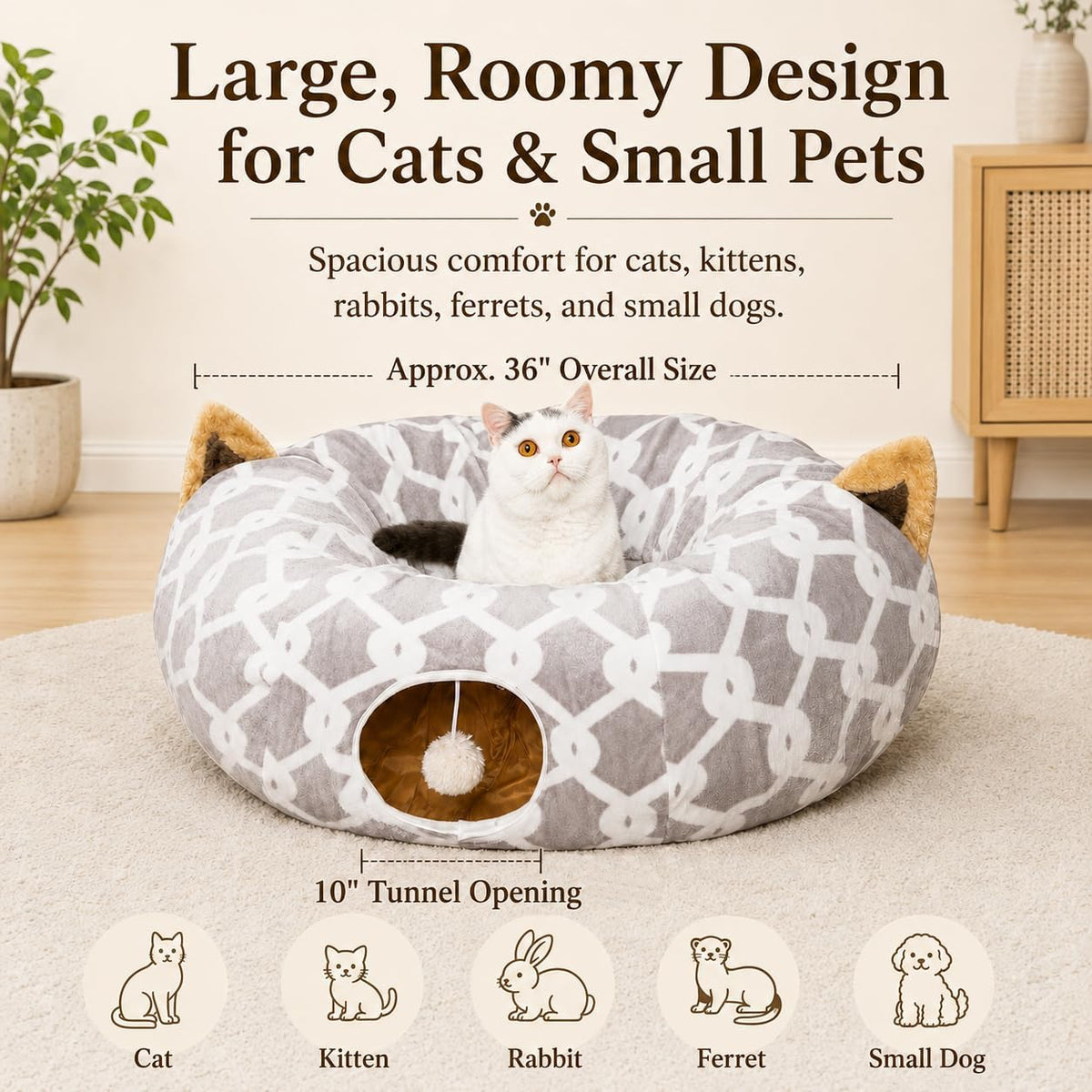 Large Cat Tunnel Bed with Plush Toy Balls and Cushion - 10 Inch Diameter, 3 Ft Length - Ideal for Cats and Small Dogs - Gray Geometric Design