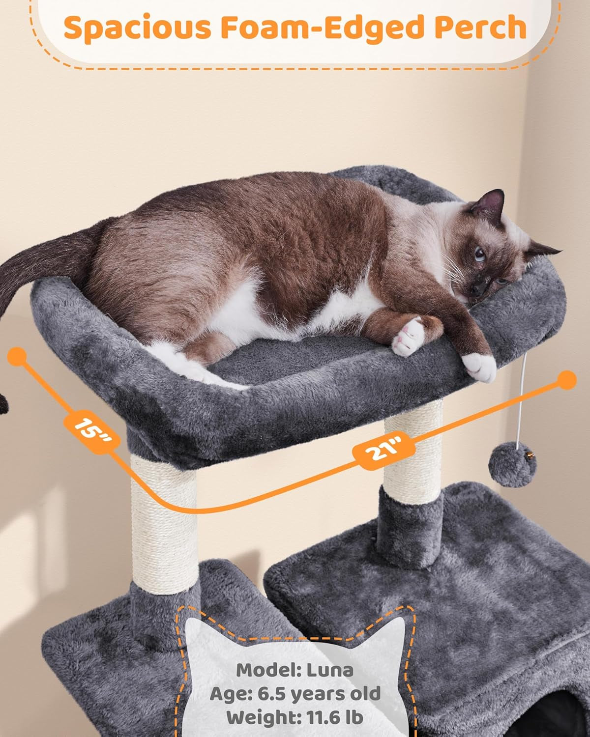 63-Inch Durable Large Cat Tree for Indoor Heavy Cats, Elevated Tower