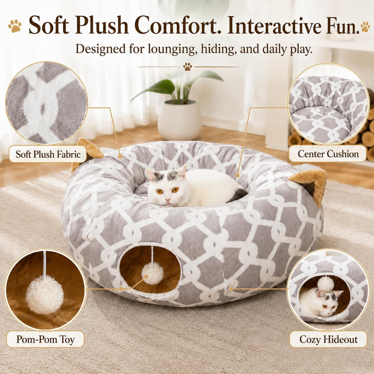 Large Cat Tunnel Bed with Plush Toy Balls and Cushion - 10 Inch Diameter, 3 Ft Length - Ideal for Cats and Small Dogs - Gray Geometric Design