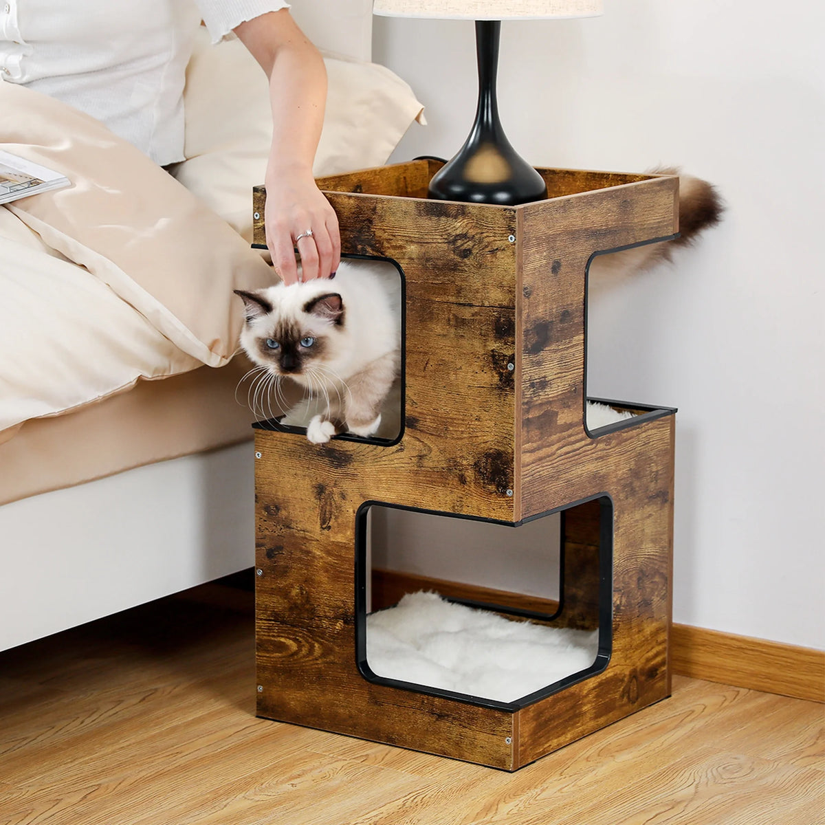 23-Inch Wooden Cat House Furniture for Indoor Cats, Contemporary Cat Tree Tower Bed with Complimentary Cat Toy, Scratching Pad, and Removable Soft Mats, Compact Cat Condo, Brown