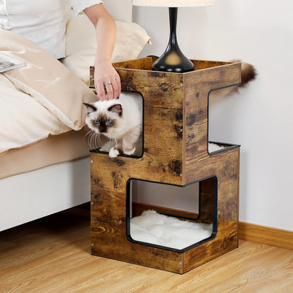 23-Inch Wooden Cat House Furniture for Indoor Cats, Contemporary Cat Tree Tower Bed with Complimentary Cat Toy, Scratching Pad, and Removable Soft Mats, Compact Cat Condo, Brown