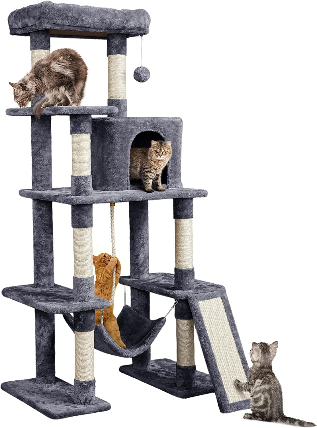 63-Inch Durable Large Cat Tree for Indoor Heavy Cats, Elevated Tower