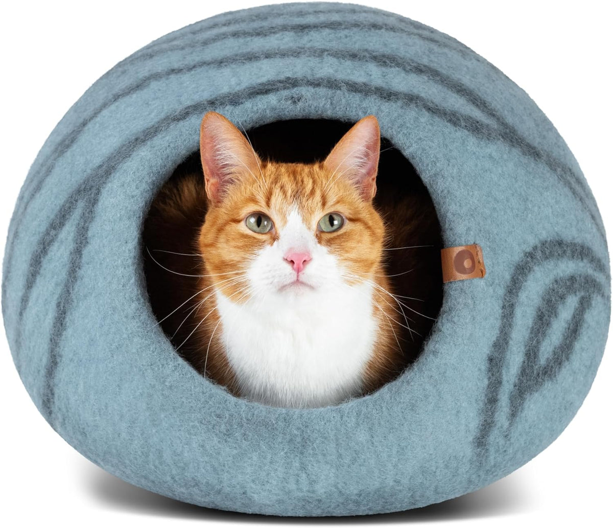 Merino Wool Cat Cave Bed for Indoor Cats - Medium Size in Aquamarine