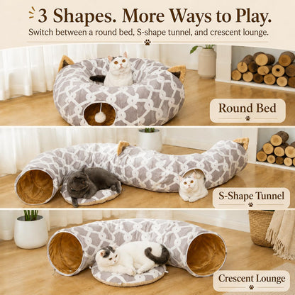 Large Cat Tunnel Bed with Plush Toy Balls and Cushion - 10 Inch Diameter, 3 Ft Length - Ideal for Cats and Small Dogs - Gray Geometric Design
