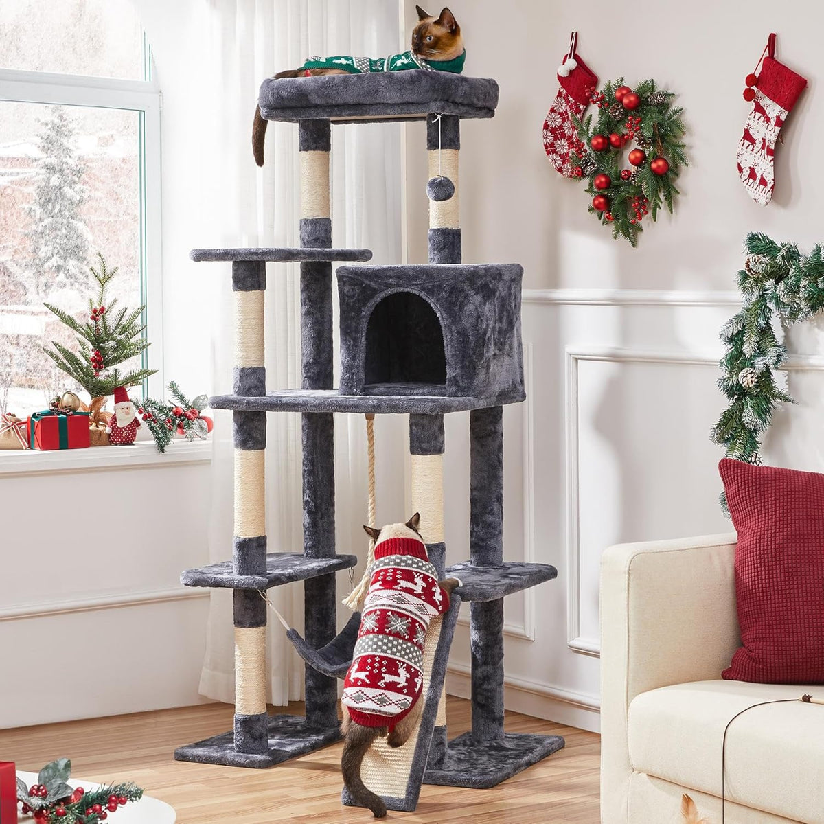 63-Inch Durable Large Cat Tree for Indoor Heavy Cats, Elevated Tower