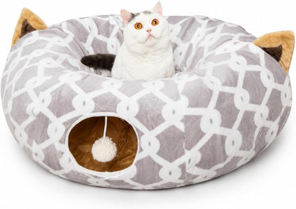 Large Cat Tunnel Bed with Plush Toy Balls and Cushion - 10 Inch Diameter, 3 Ft Length - Ideal for Cats and Small Dogs - Gray Geometric Design