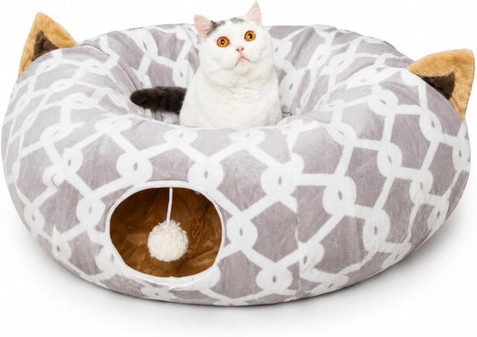 Large Cat Tunnel Bed with Plush Toy Balls and Cushion - 10 Inch Diameter, 3 Ft Length - Ideal for Cats and Small Dogs - Gray Geometric Design