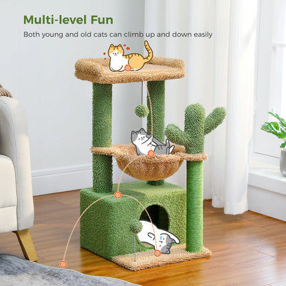 33" Cactus-Themed Cat Tree with Scratching Posts, Spacious Top Perch, and Hammock for Medium Indoor Cats - Green