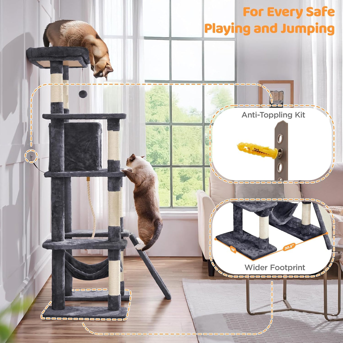 63-Inch Durable Large Cat Tree for Indoor Heavy Cats, Elevated Tower
