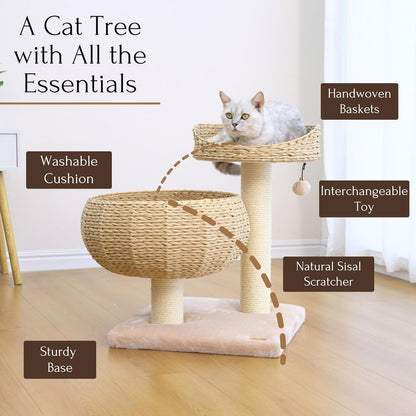 Contemporary Compact Cat Tree with Dual Beds, Handwoven Paper Rope Basket, Elevated Perch, Sisal Scratching Posts, and Removable Washable Cushions in Beige