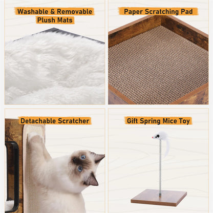 23-Inch Wooden Cat House Furniture for Indoor Cats, Contemporary Cat Tree Tower Bed with Complimentary Cat Toy, Scratching Pad, and Removable Soft Mats, Compact Cat Condo, Brown