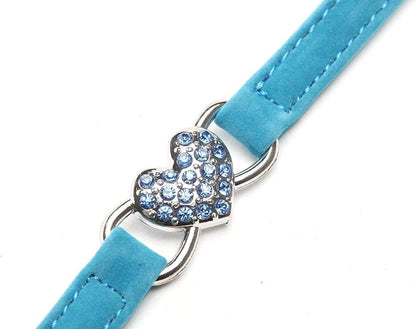 Soft Velvet Adjustable Cat Collar with Crystal Heart Charm and Bells, 8-11 Inches, Available in Black, Red, Pink, and Blue