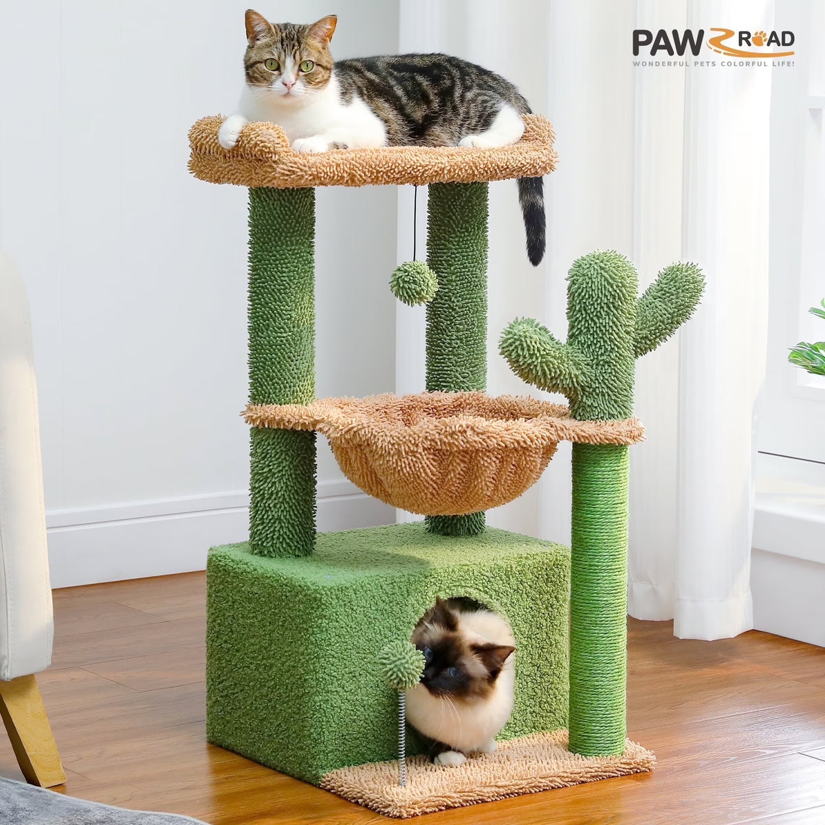 33" Cactus-Themed Cat Tree with Scratching Posts, Spacious Top Perch, and Hammock for Medium Indoor Cats - Green