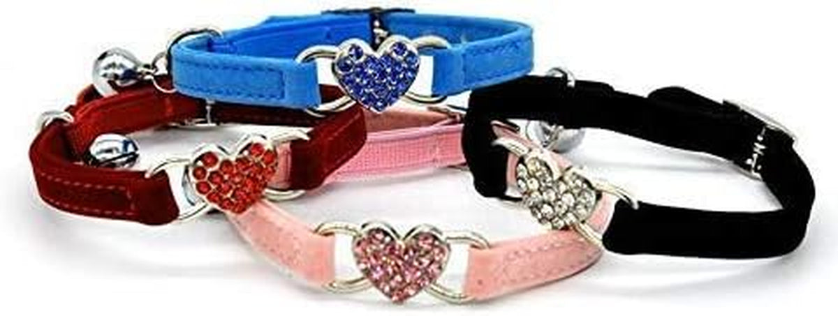 Soft Velvet Adjustable Cat Collar with Crystal Heart Charm and Bells, 8-11 Inches, Available in Black, Red, Pink, and Blue