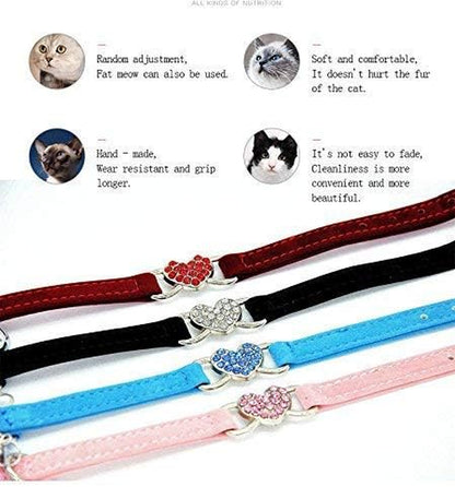 Soft Velvet Adjustable Cat Collar with Crystal Heart Charm and Bells, 8-11 Inches, Available in Black, Red, Pink, and Blue
