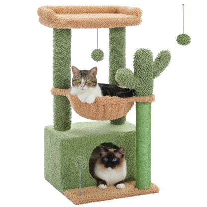 33" Cactus-Themed Cat Tree with Scratching Posts, Spacious Top Perch, and Hammock for Medium Indoor Cats - Green