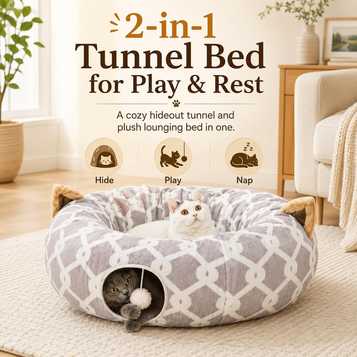 Large Cat Tunnel Bed with Plush Toy Balls and Cushion - 10 Inch Diameter, 3 Ft Length - Ideal for Cats and Small Dogs - Gray Geometric Design