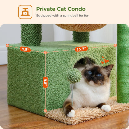 33" Cactus-Themed Cat Tree with Scratching Posts, Spacious Top Perch, and Hammock for Medium Indoor Cats - Green