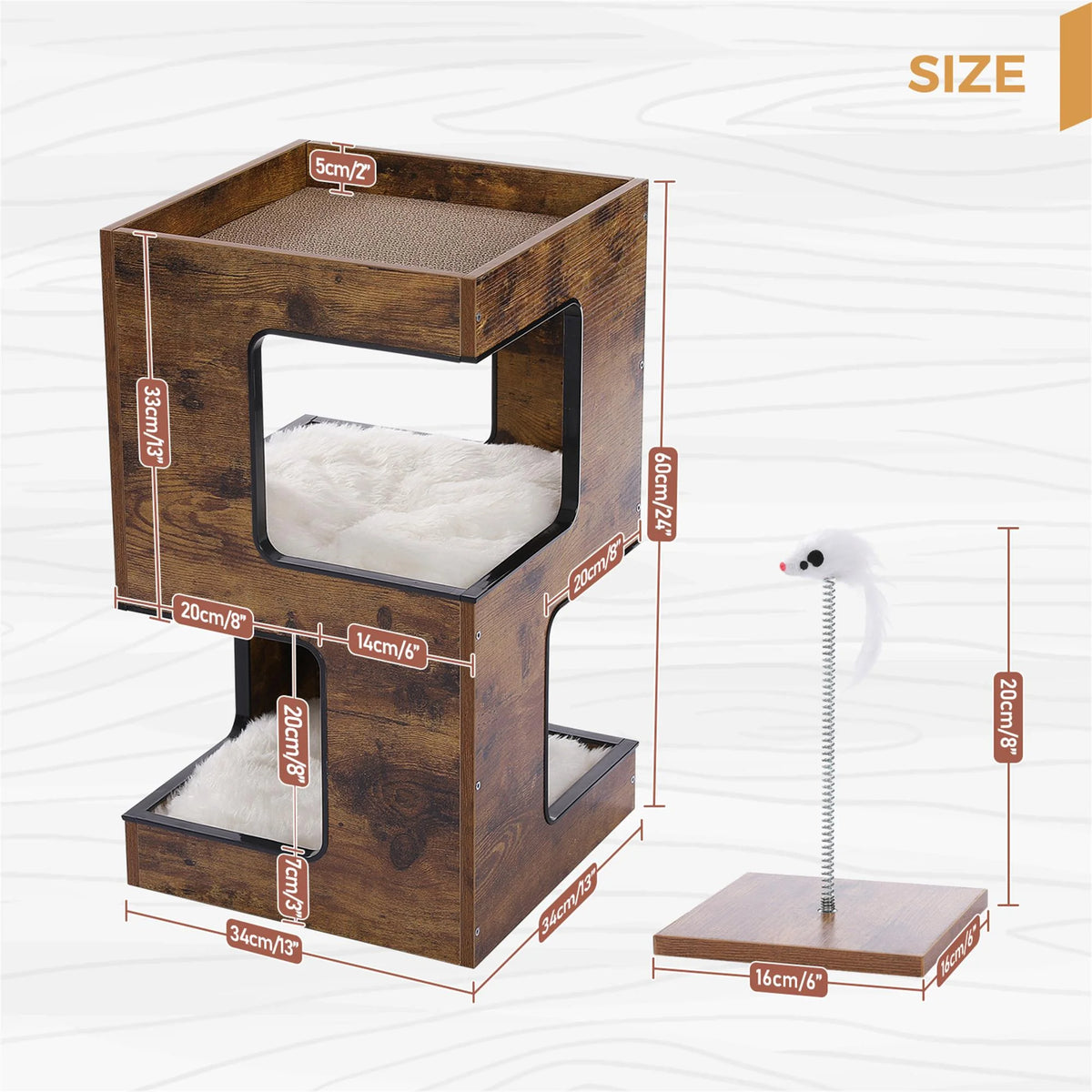 23-Inch Wooden Cat House Furniture for Indoor Cats, Contemporary Cat Tree Tower Bed with Complimentary Cat Toy, Scratching Pad, and Removable Soft Mats, Compact Cat Condo, Brown