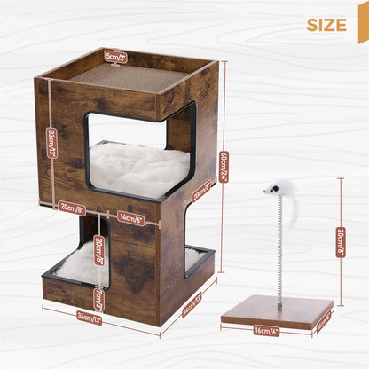 23-Inch Wooden Cat House Furniture for Indoor Cats, Contemporary Cat Tree Tower Bed with Complimentary Cat Toy, Scratching Pad, and Removable Soft Mats, Compact Cat Condo, Brown