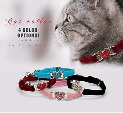 Soft Velvet Adjustable Cat Collar with Crystal Heart Charm and Bells, 8-11 Inches, Available in Black, Red, Pink, and Blue