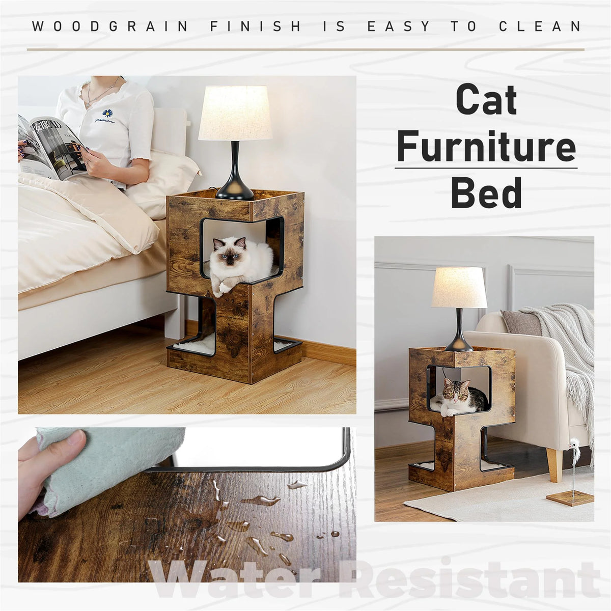 23-Inch Wooden Cat House Furniture for Indoor Cats, Contemporary Cat Tree Tower Bed with Complimentary Cat Toy, Scratching Pad, and Removable Soft Mats, Compact Cat Condo, Brown