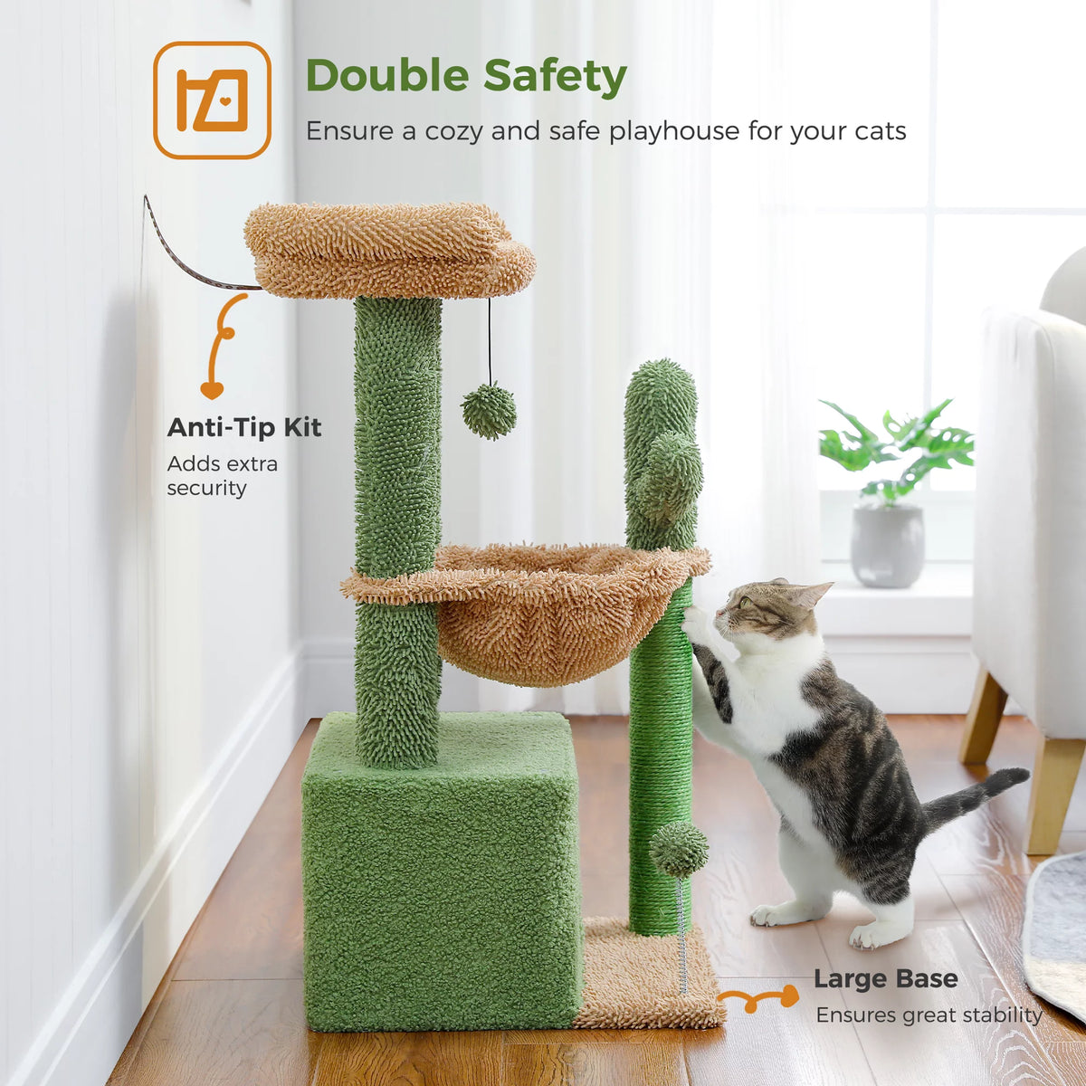 33" Cactus-Themed Cat Tree with Scratching Posts, Spacious Top Perch, and Hammock for Medium Indoor Cats - Green
