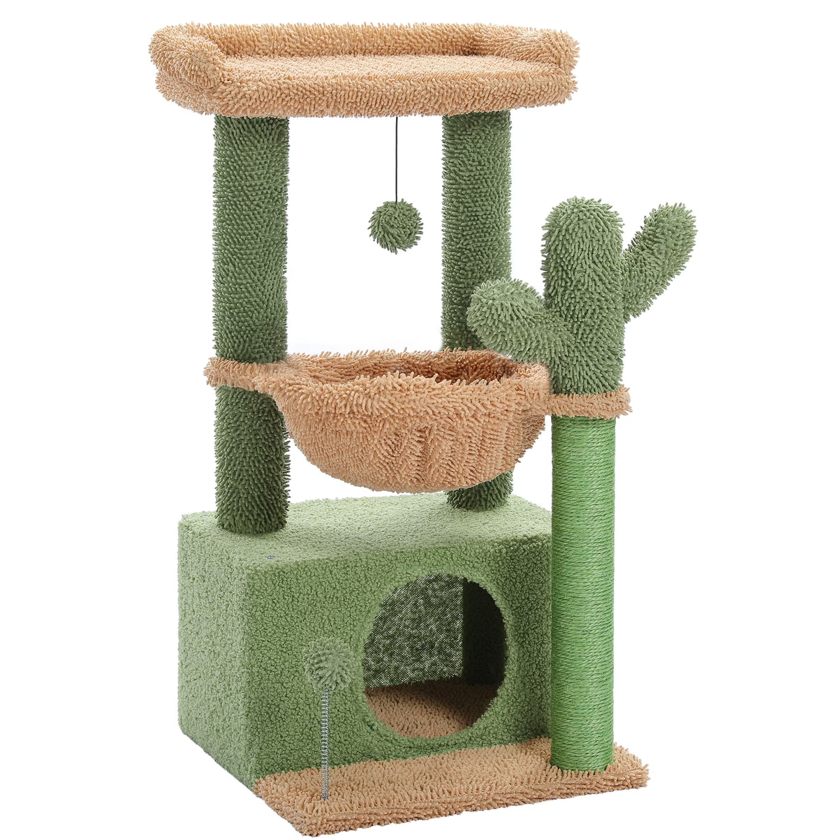 33" Cactus-Themed Cat Tree with Scratching Posts, Spacious Top Perch, and Hammock for Medium Indoor Cats - Green
