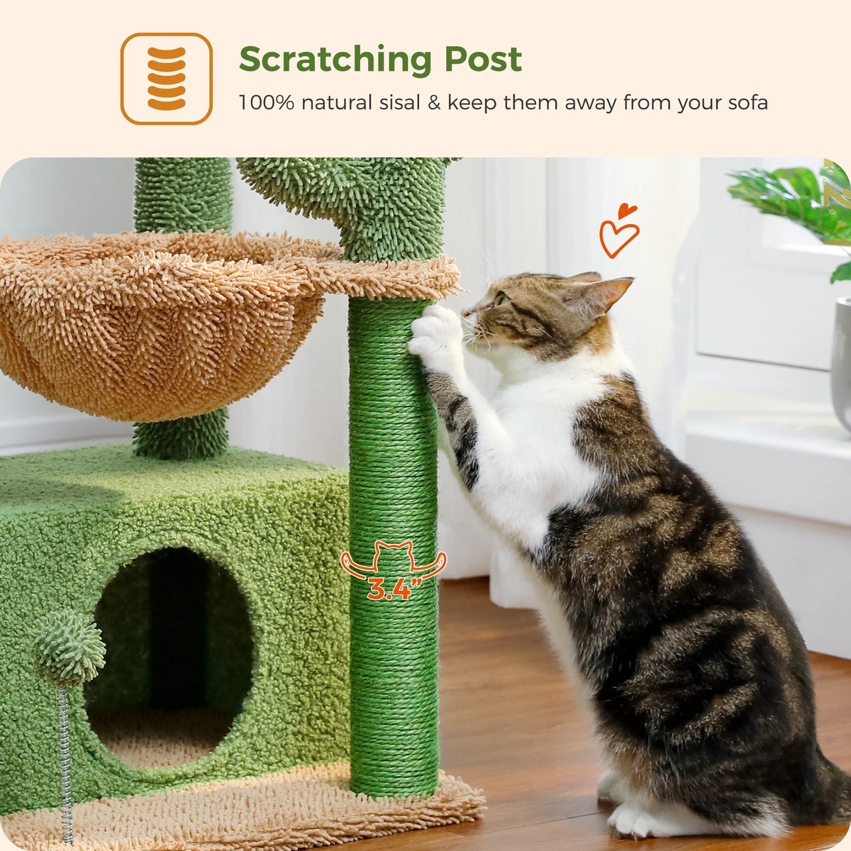 33" Cactus-Themed Cat Tree with Scratching Posts, Spacious Top Perch, and Hammock for Medium Indoor Cats - Green