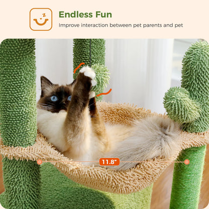 33" Cactus-Themed Cat Tree with Scratching Posts, Spacious Top Perch, and Hammock for Medium Indoor Cats - Green