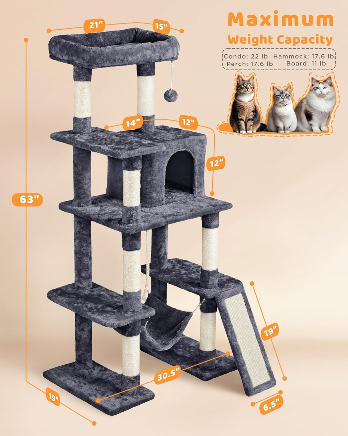 63-Inch Durable Large Cat Tree for Indoor Heavy Cats, Elevated Tower
