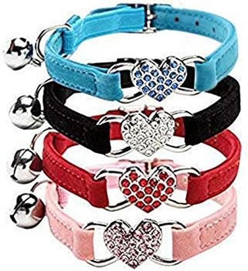 Soft Velvet Adjustable Cat Collar with Crystal Heart Charm and Bells, 8-11 Inches, Available in Black, Red, Pink, and Blue