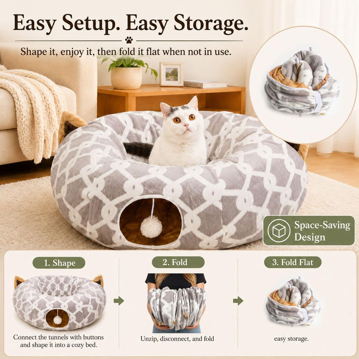 Large Cat Tunnel Bed with Plush Toy Balls and Cushion - 10 Inch Diameter, 3 Ft Length - Ideal for Cats and Small Dogs - Gray Geometric Design