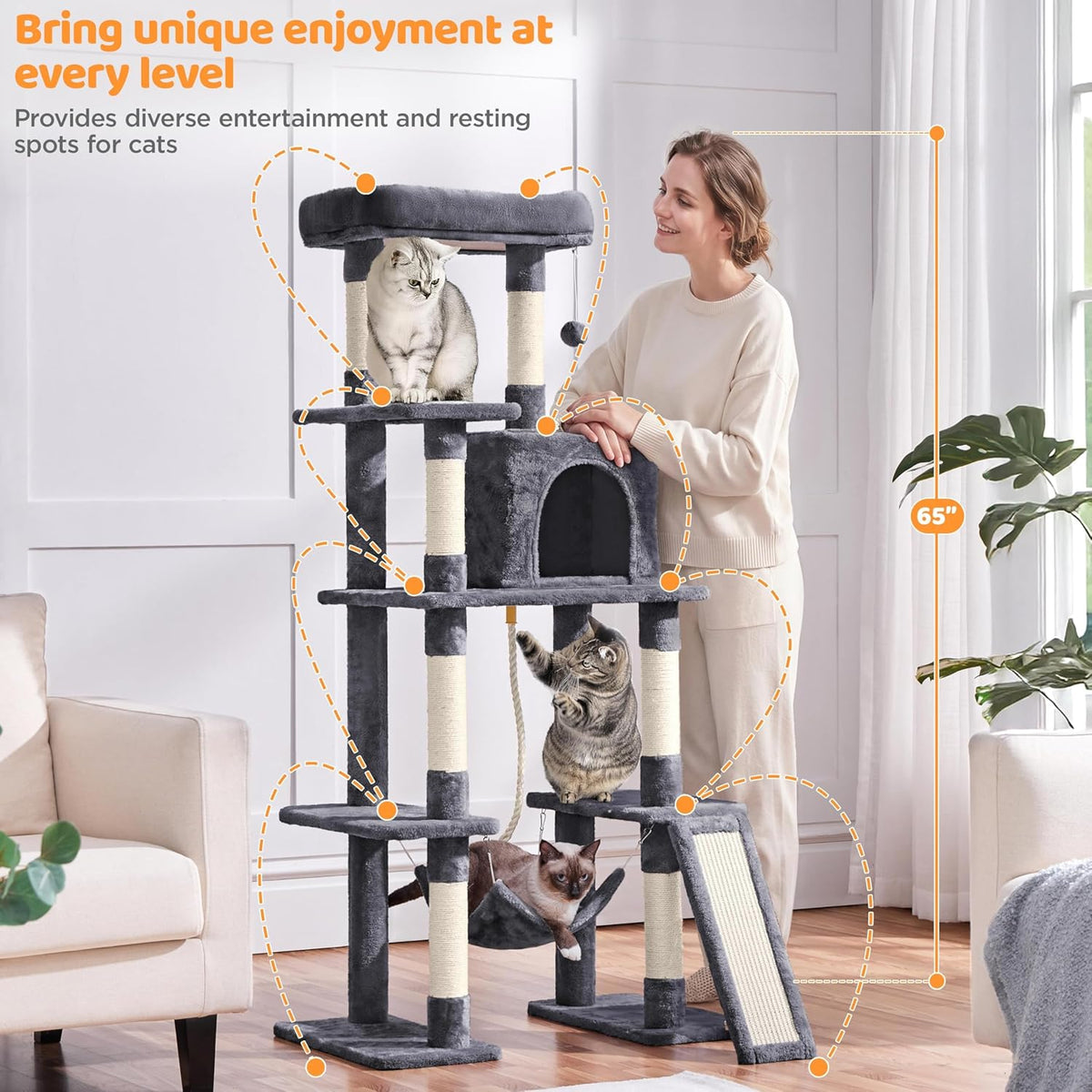 63-Inch Durable Large Cat Tree for Indoor Heavy Cats, Elevated Tower