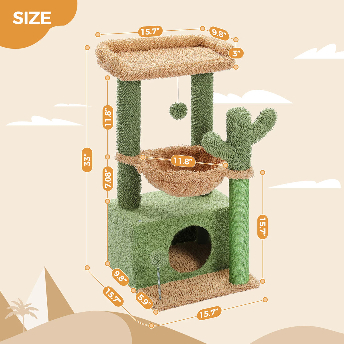 33" Cactus-Themed Cat Tree with Scratching Posts, Spacious Top Perch, and Hammock for Medium Indoor Cats - Green
